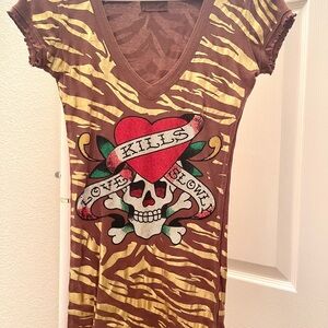 Ed Hardy Brown and Yellow Skull Graphic Mini Dress